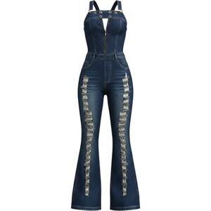 Loragal Women‎ Distressed Denim Jumpsuit Dark Wash Flare Leg Cutout XL
